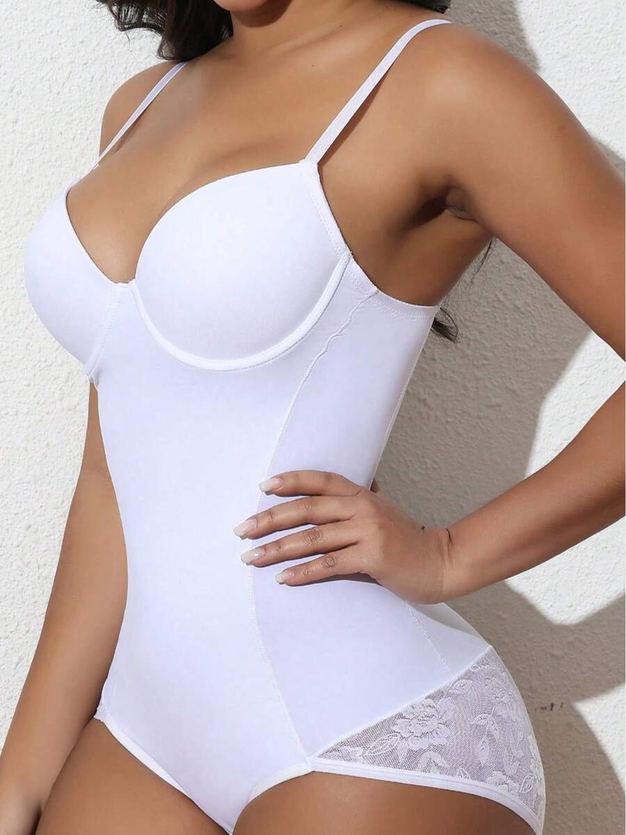 Women's lace shapewear bodysuit with tummy control, built-in bra cup pads, waist shaping, and three-row snap crotch in a bodycon fit.