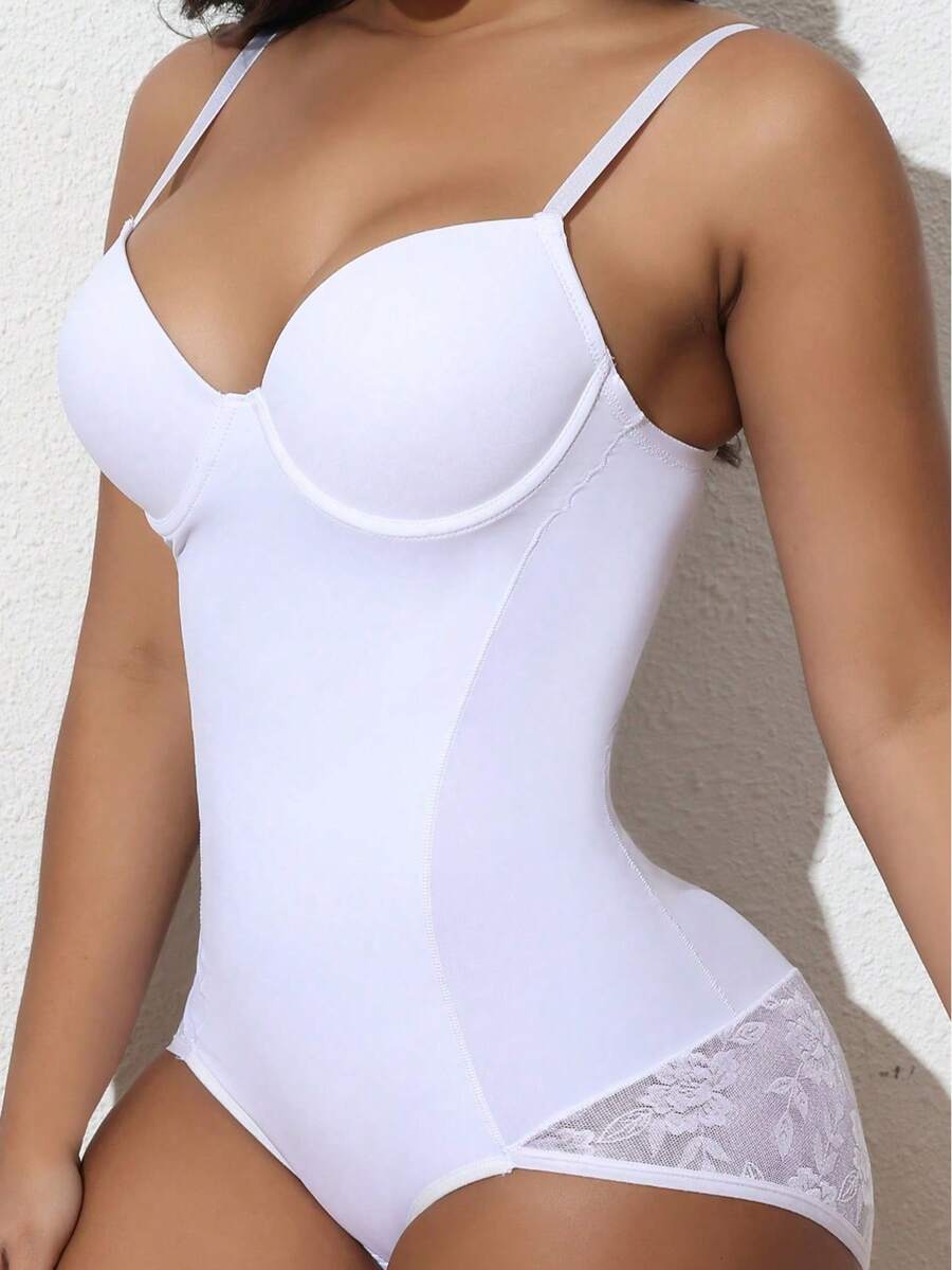 Women's lace shapewear bodysuit with tummy control, built-in bra cup pads, waist shaping, and three-row snap crotch in a bodycon fit.