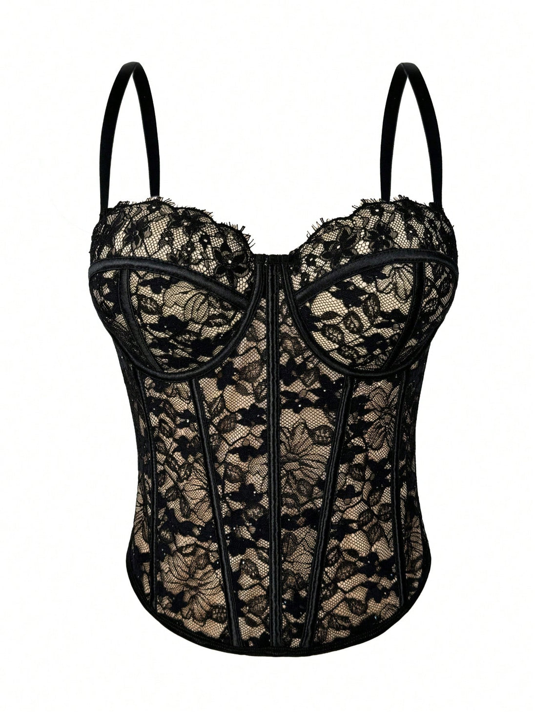 Black women's shaping cami with contrast lace, spaghetti straps, asymmetrical hem, lined body, and slim fit for casual and night-out styling.