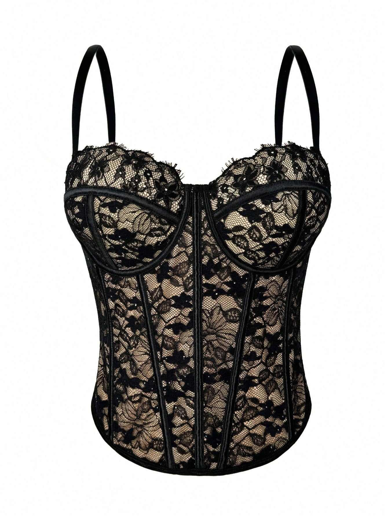 Black women's shaping cami with contrast lace, spaghetti straps, asymmetrical hem, lined body, and slim fit for casual and night-out styling.