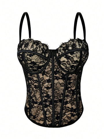 Black women's shaping cami with contrast lace, spaghetti straps, asymmetrical hem, lined body, and slim fit for casual and night-out styling.