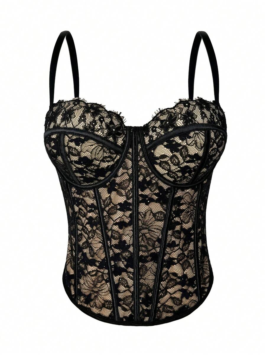 Black women's shaping cami with contrast lace, spaghetti straps, asymmetrical hem, lined body, and slim fit for casual and night-out styling.