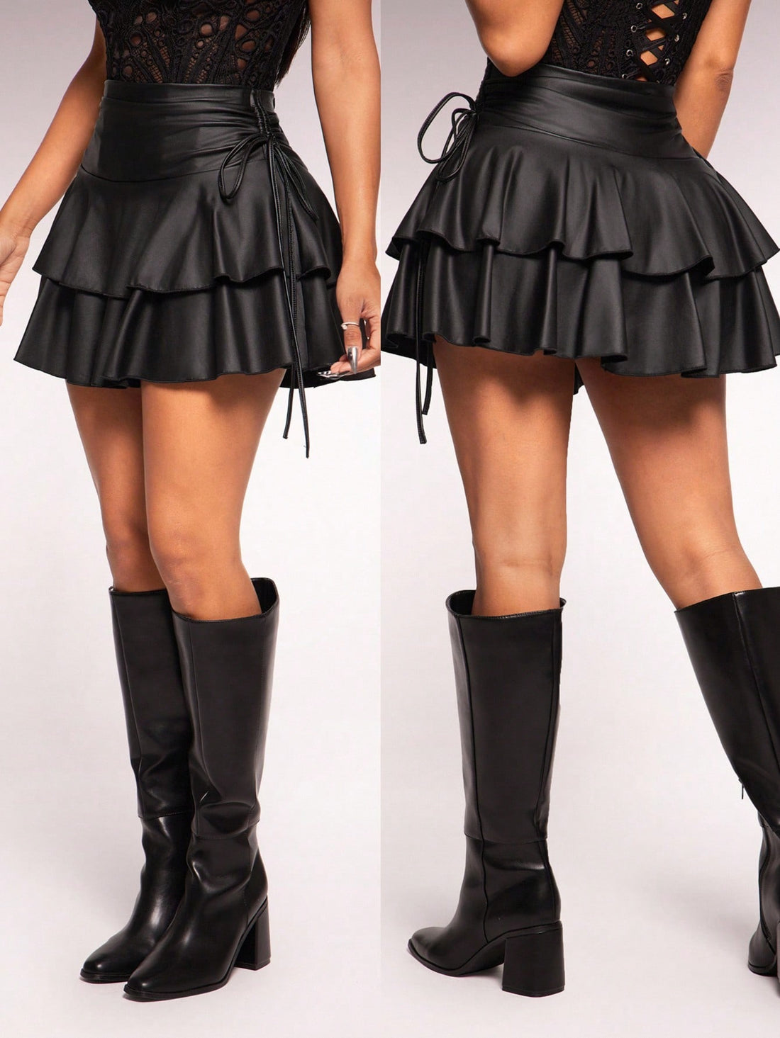 Women's black PU coated layered ruffle mini skirt featuring a high waist, tiered ruffle hem, and zipper detail.