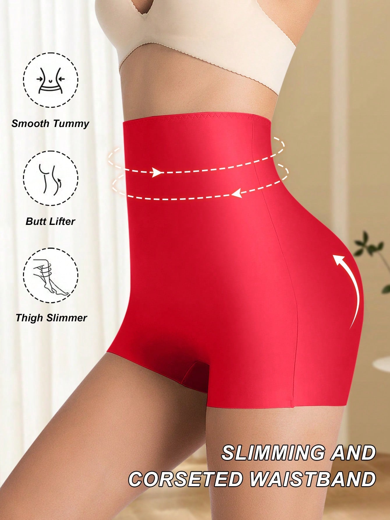 Women wearing apricot high waist tummy control seamless shapewear shorts.