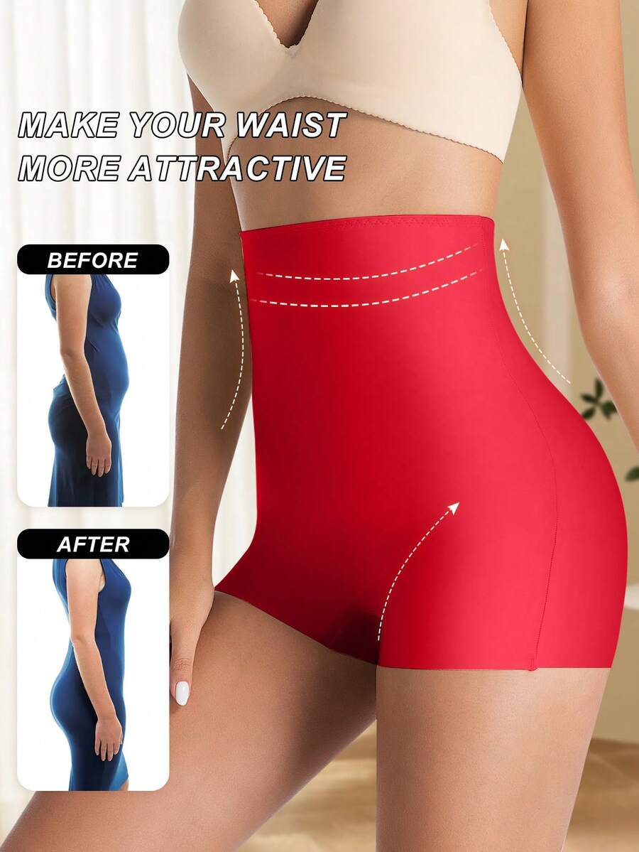 Women wearing apricot high waist tummy control seamless shapewear shorts.