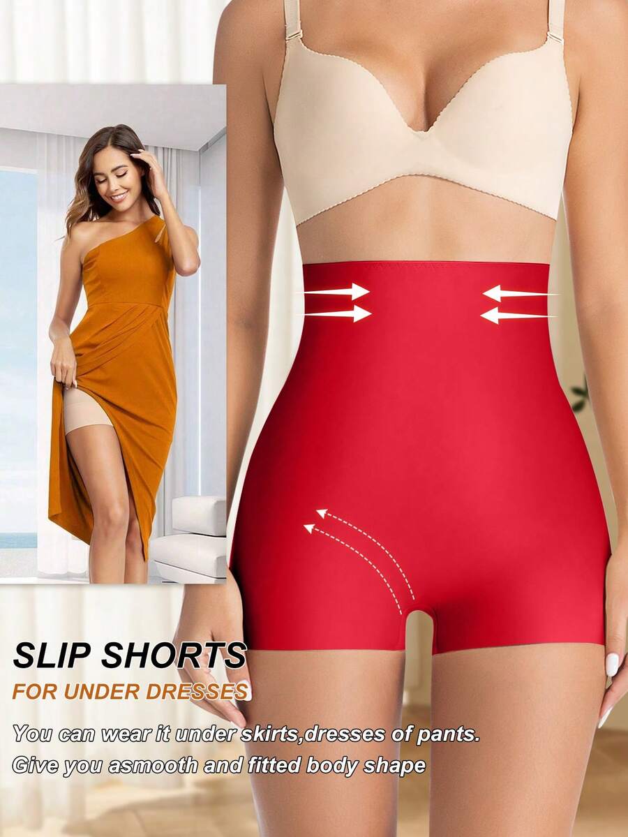 Women wearing apricot high waist tummy control seamless shapewear shorts.