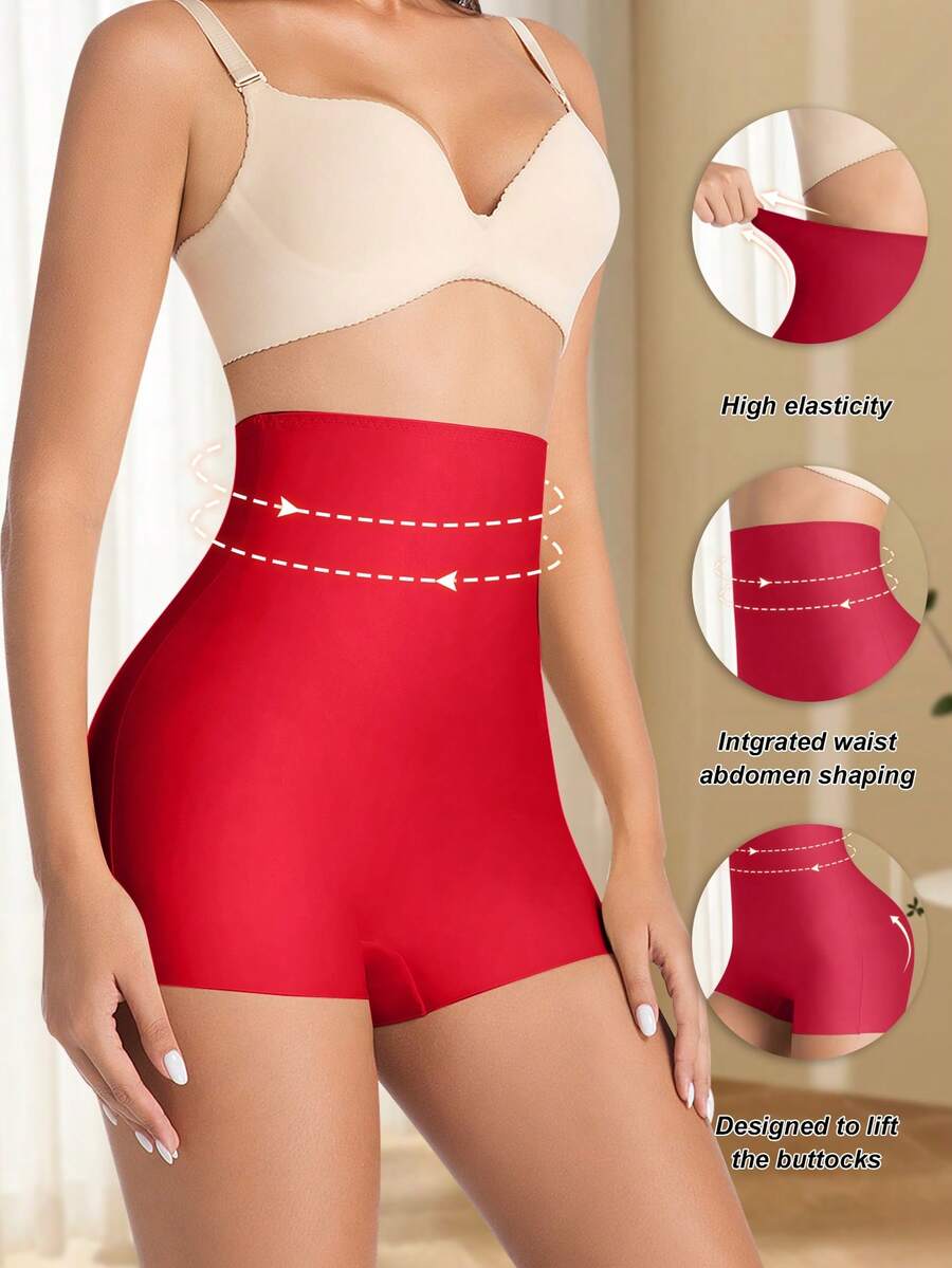 Women wearing apricot high waist tummy control seamless shapewear shorts.