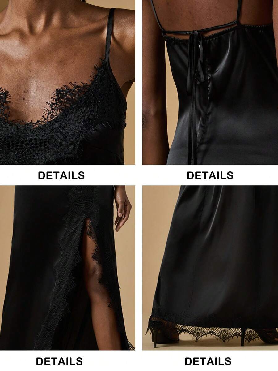 Women's black lace split satin long dress featuring spaghetti straps, asymmetrical slit hem, and matching arm sleeves.