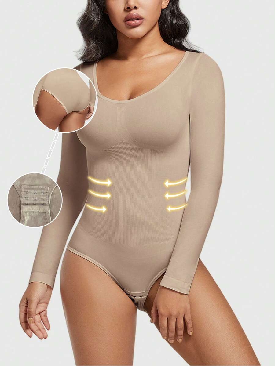 Women's black seamless bodysuit shapewear with tummy control and butt lift design.
