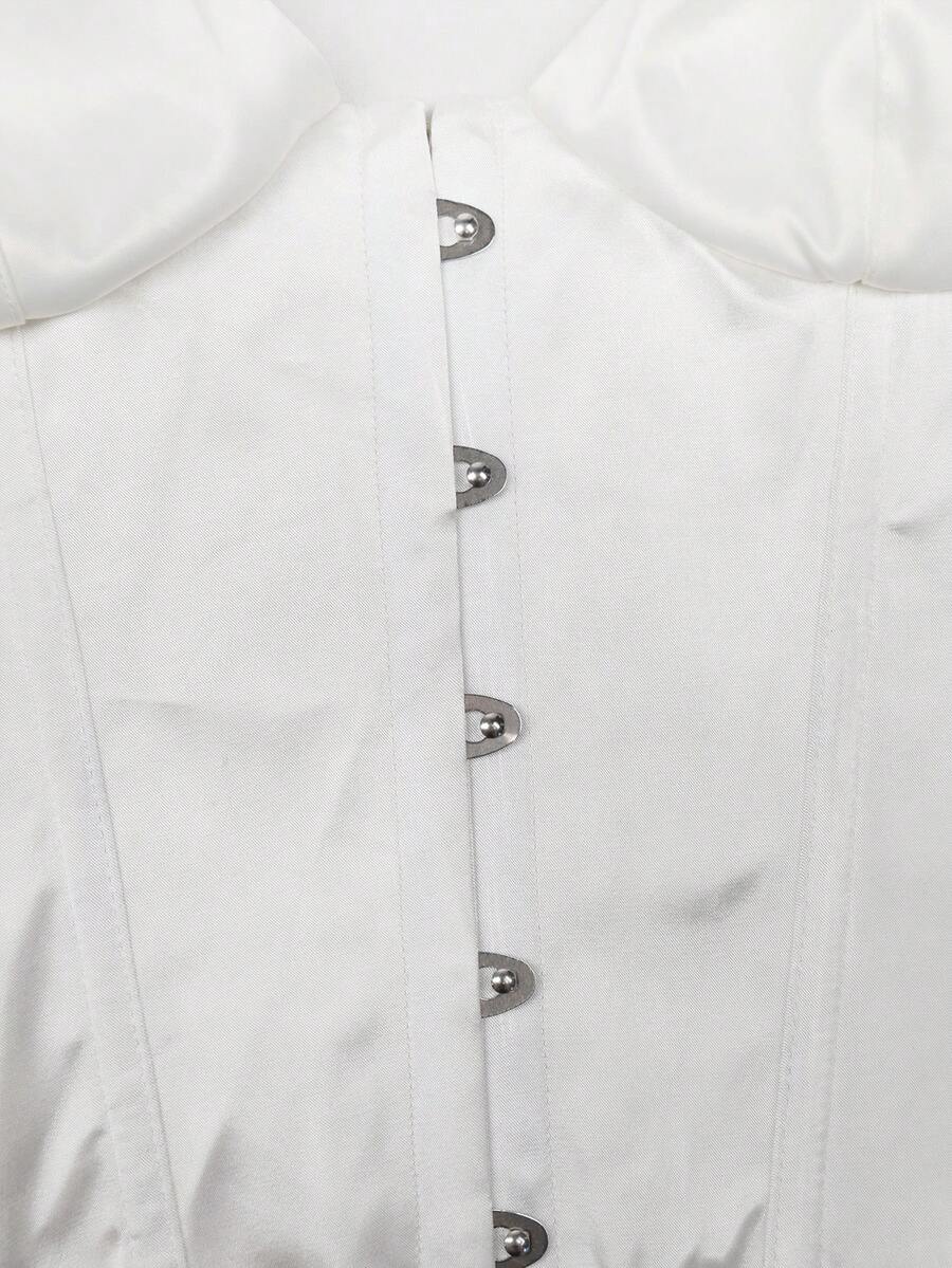 White satin corset crop top featuring a halter neck, slim fit, and back lace-up design.
