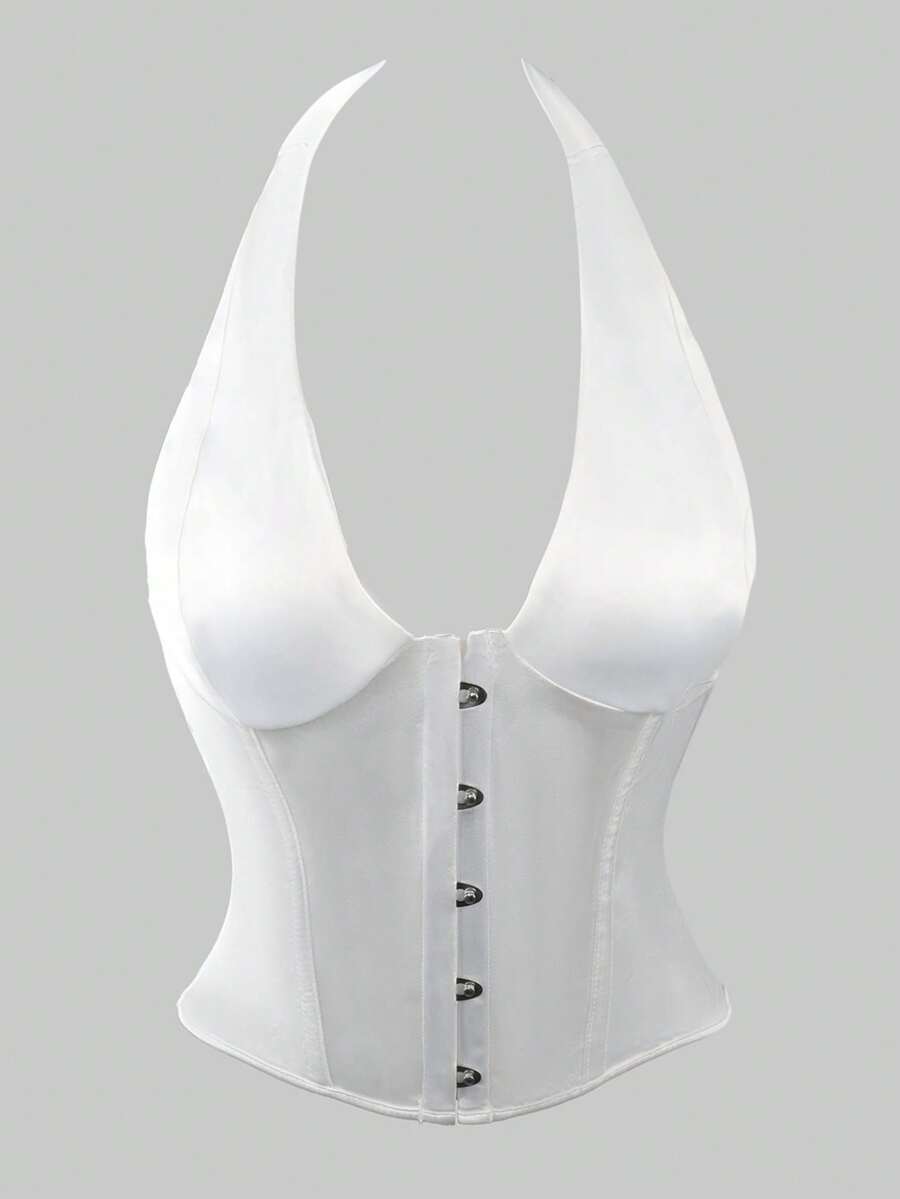 White satin corset crop top featuring a halter neck, slim fit, and back lace-up design.