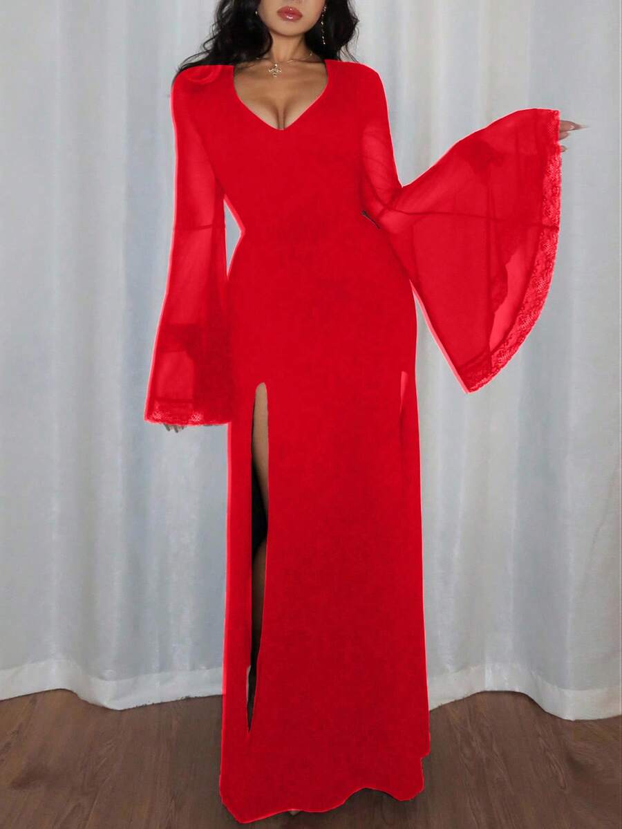 Women's slim-fit long goth dress in black featuring a deep V-neckline, extra-long flared sleeves, and a split thigh detail.