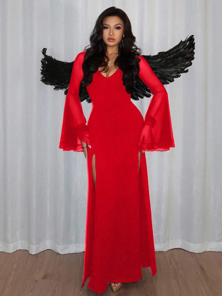 Women's slim-fit long goth dress in black featuring a deep V-neckline, extra-long flared sleeves, and a split thigh detail.