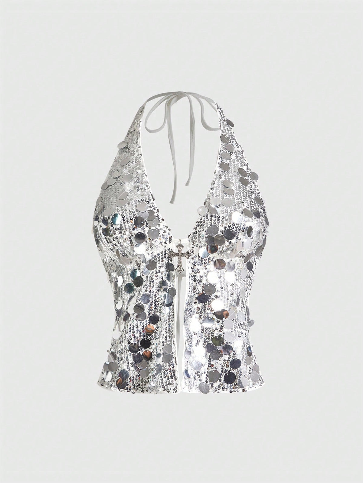 Women's white backless sequin halter neck tank top with knot details and slim fit boho style.