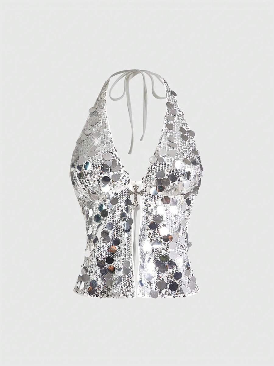 Women's white backless sequin halter neck tank top with knot details and slim fit boho style.