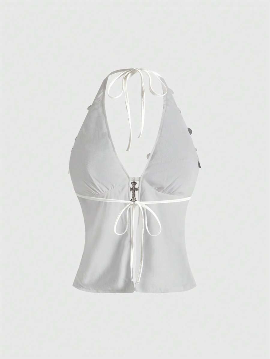 Women's white backless sequin halter neck tank top with knot details and slim fit boho style.