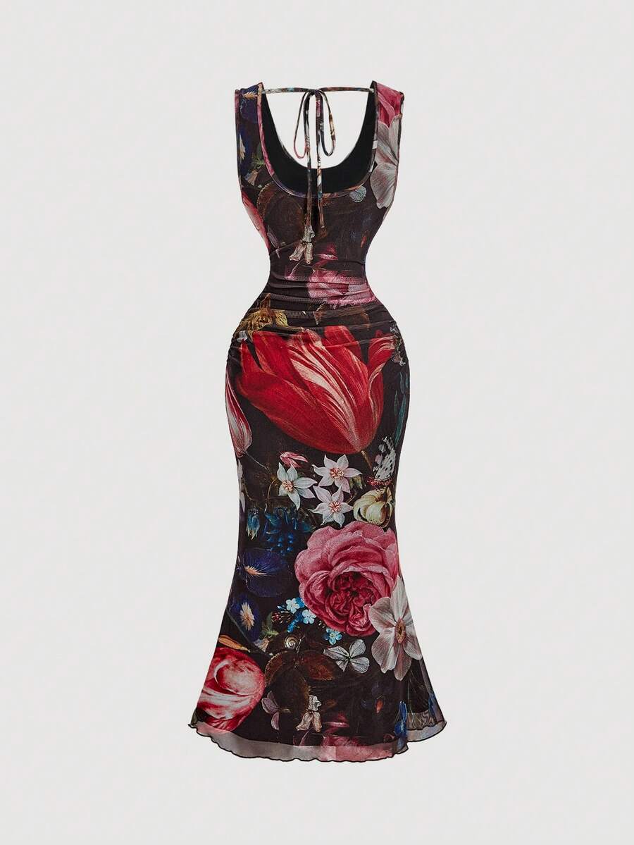 Sleeveless black cowl neck midi bodycon dress for women featuring a draped silhouette, split thigh detail, and slim fit knitted fabric.
