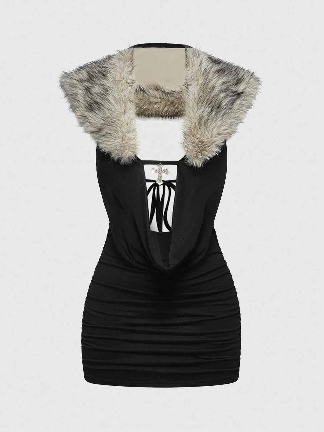 Women's black halter bodycon mini dress with deep V neckline, chain detail, backless design, and contrast faux fur accent.