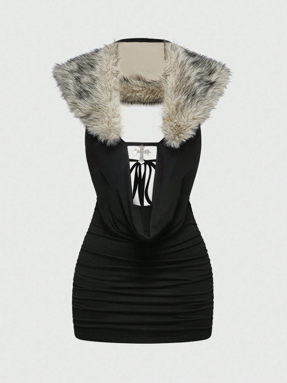 Women's black halter bodycon mini dress with deep V neckline, chain detail, backless design, and contrast faux fur accent.