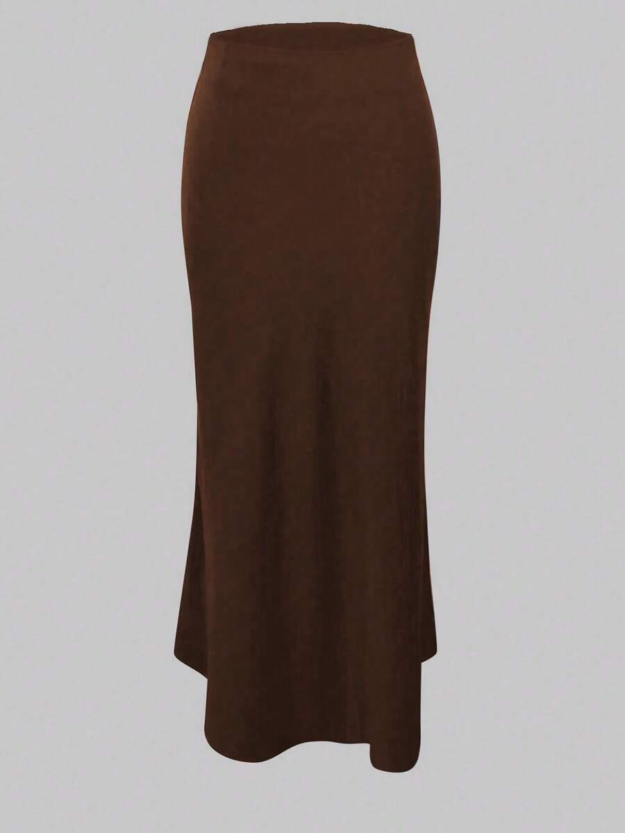 Elegant plain black mid waist long satin skirt for women featuring a sleek zipper closure and regular fit.