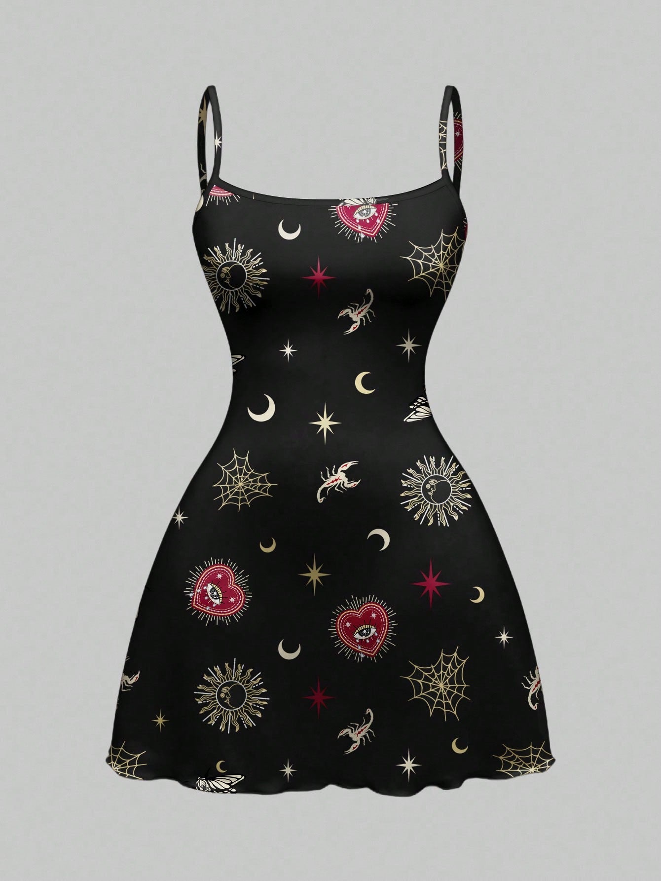 Beige graphic cami mini dress for women featuring a backless slim fit design, high waist flared hem, lettuce trim, spaghetti straps, and arm sleeves.