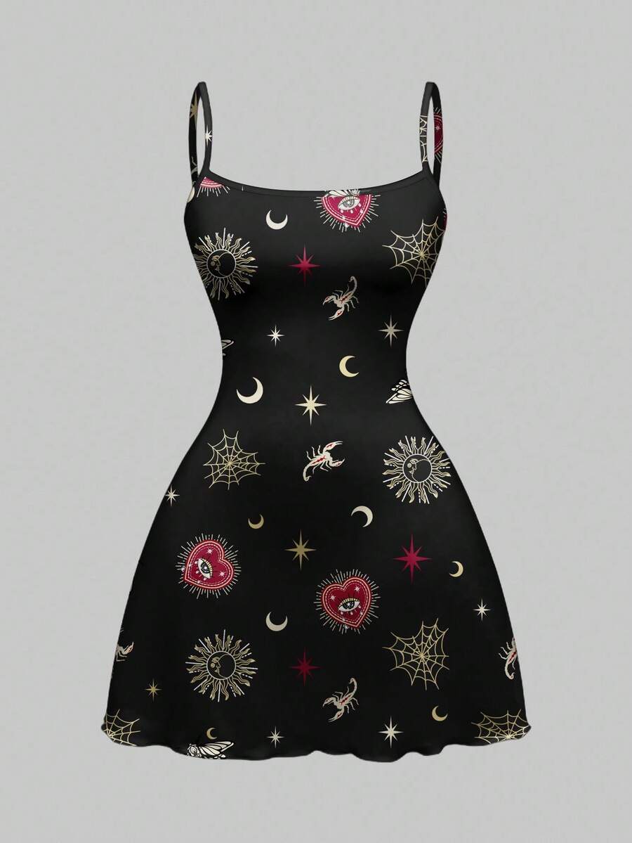 Beige graphic cami mini dress for women featuring a backless slim fit design, high waist flared hem, lettuce trim, spaghetti straps, and arm sleeves.