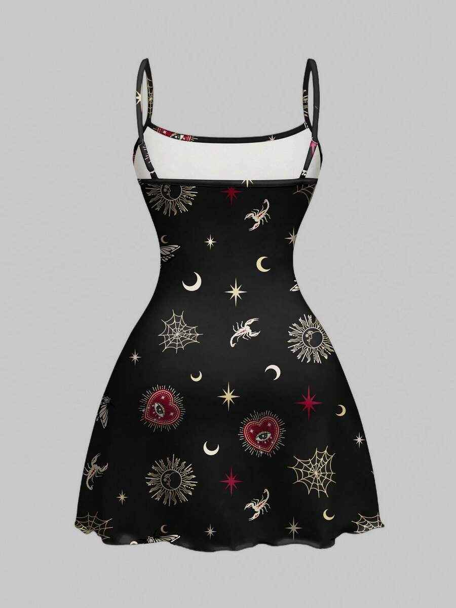 Beige graphic cami mini dress for women featuring a backless slim fit design, high waist flared hem, lettuce trim, spaghetti straps, and arm sleeves.
