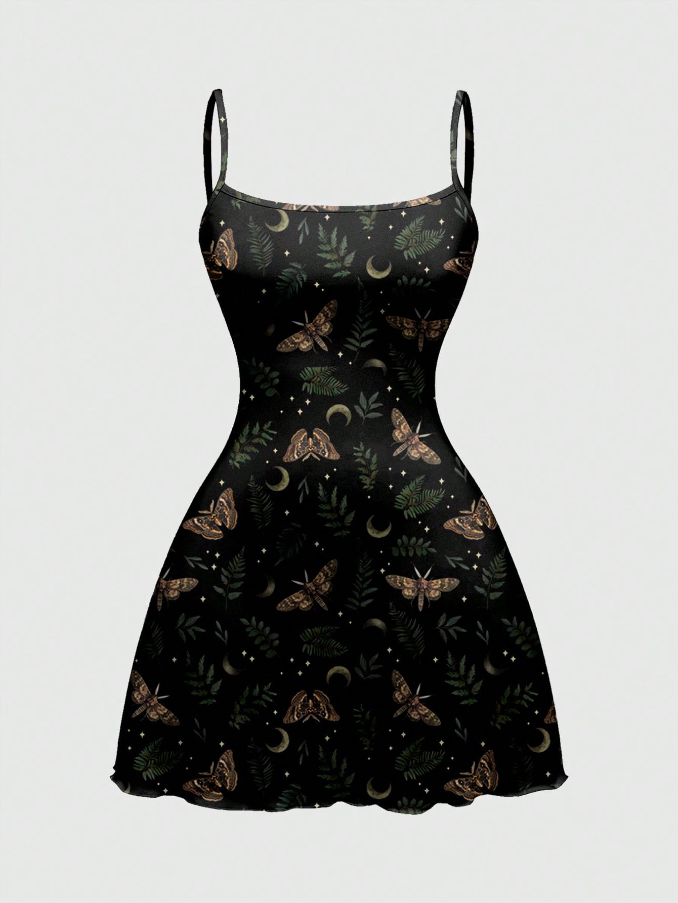 Beige graphic cami mini dress for women featuring a backless slim fit design, high waist flared hem, lettuce trim, spaghetti straps, and arm sleeves.