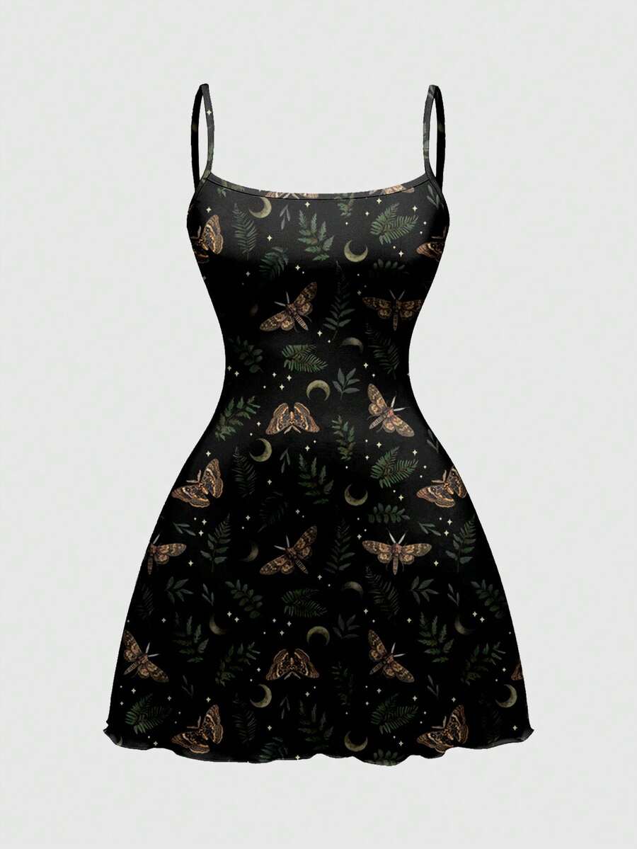 Beige graphic cami mini dress for women featuring a backless slim fit design, high waist flared hem, lettuce trim, spaghetti straps, and arm sleeves.