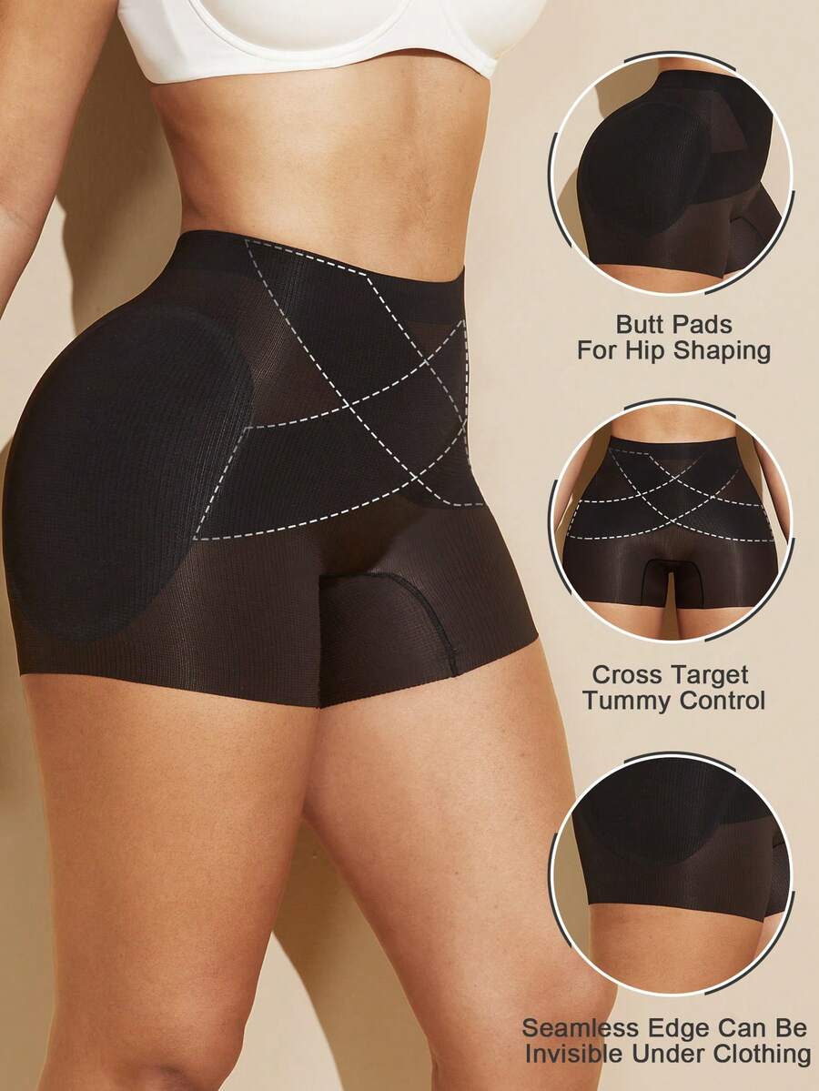 Apricot high-stretch women's butt lifting shapewear shorts with removable padded buttocks for tummy and waist control.