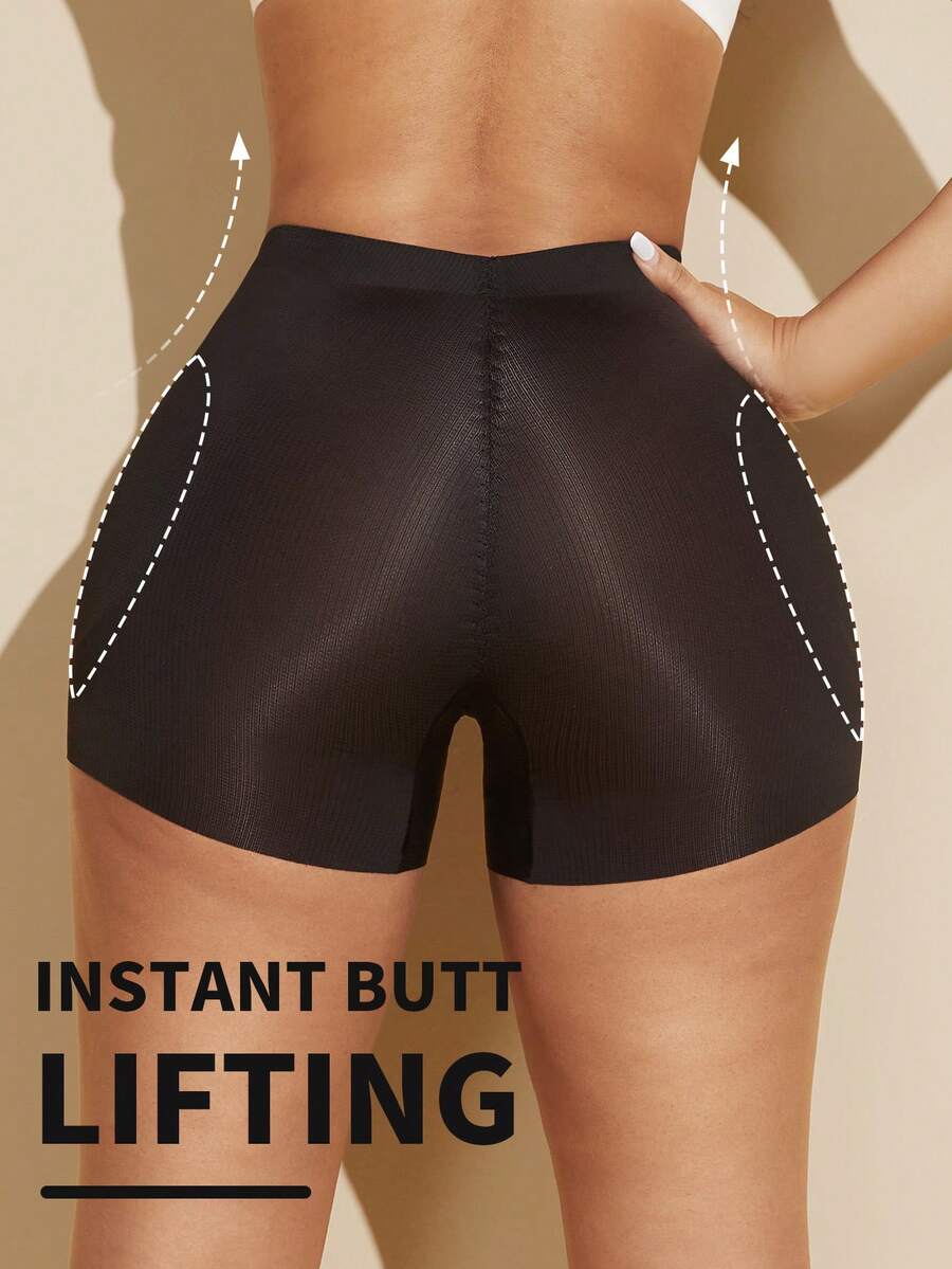 Apricot high-stretch women's butt lifting shapewear shorts with removable padded buttocks for tummy and waist control.