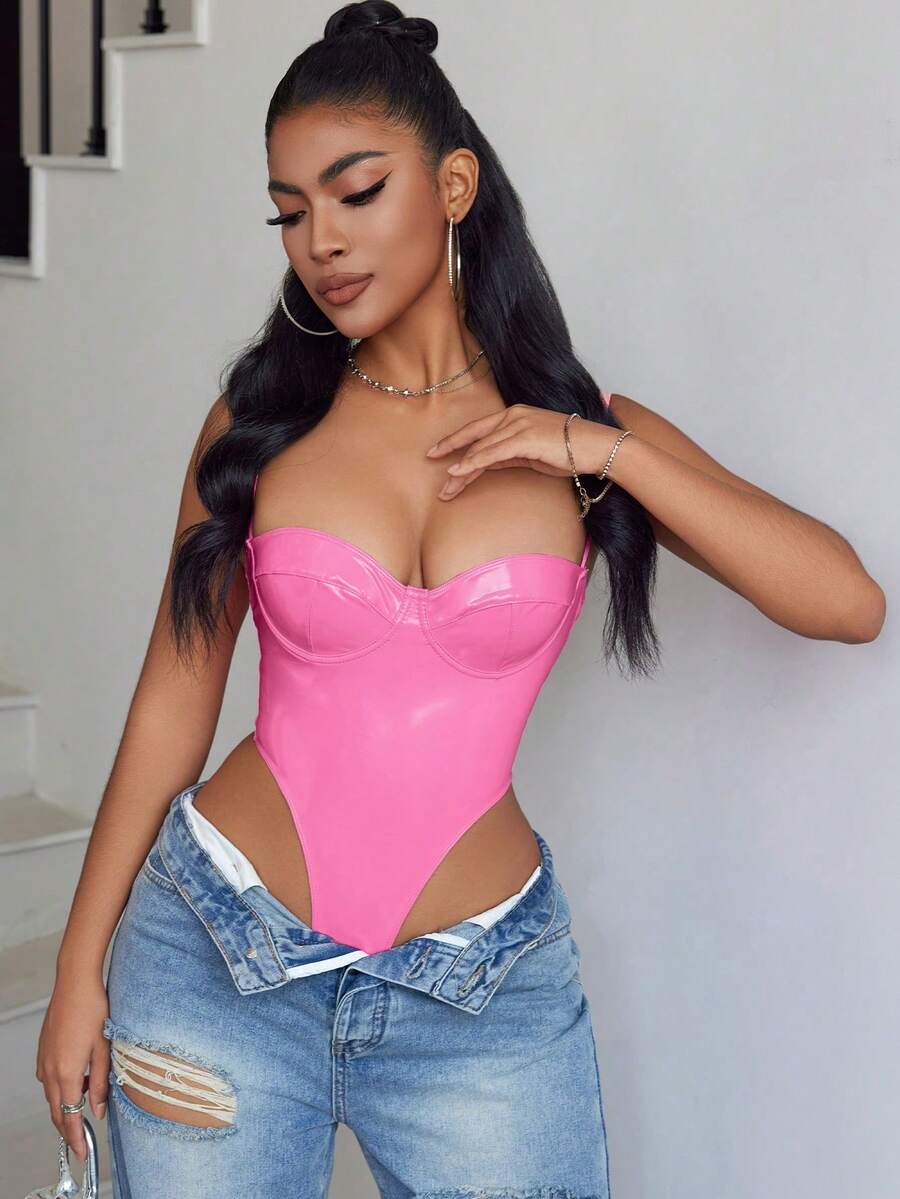 Women's holographic multicolor PU leather bustier corset bodysuit featuring backless high waist design and slim fit spaghetti straps.