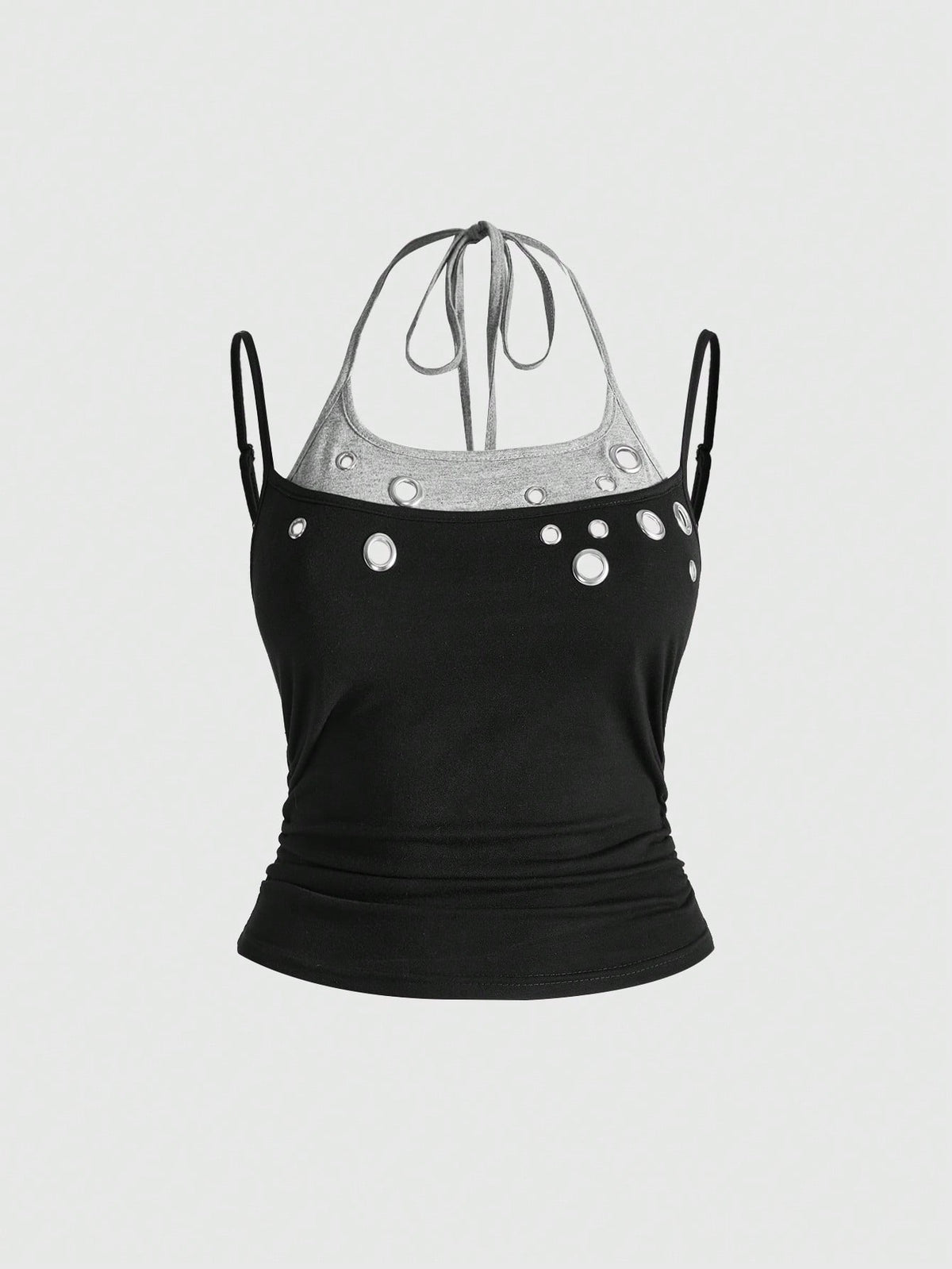 Black halter crop tank top for women featuring lace up front details, ruched accents, and appliques in a slim fit knitted fabric.
