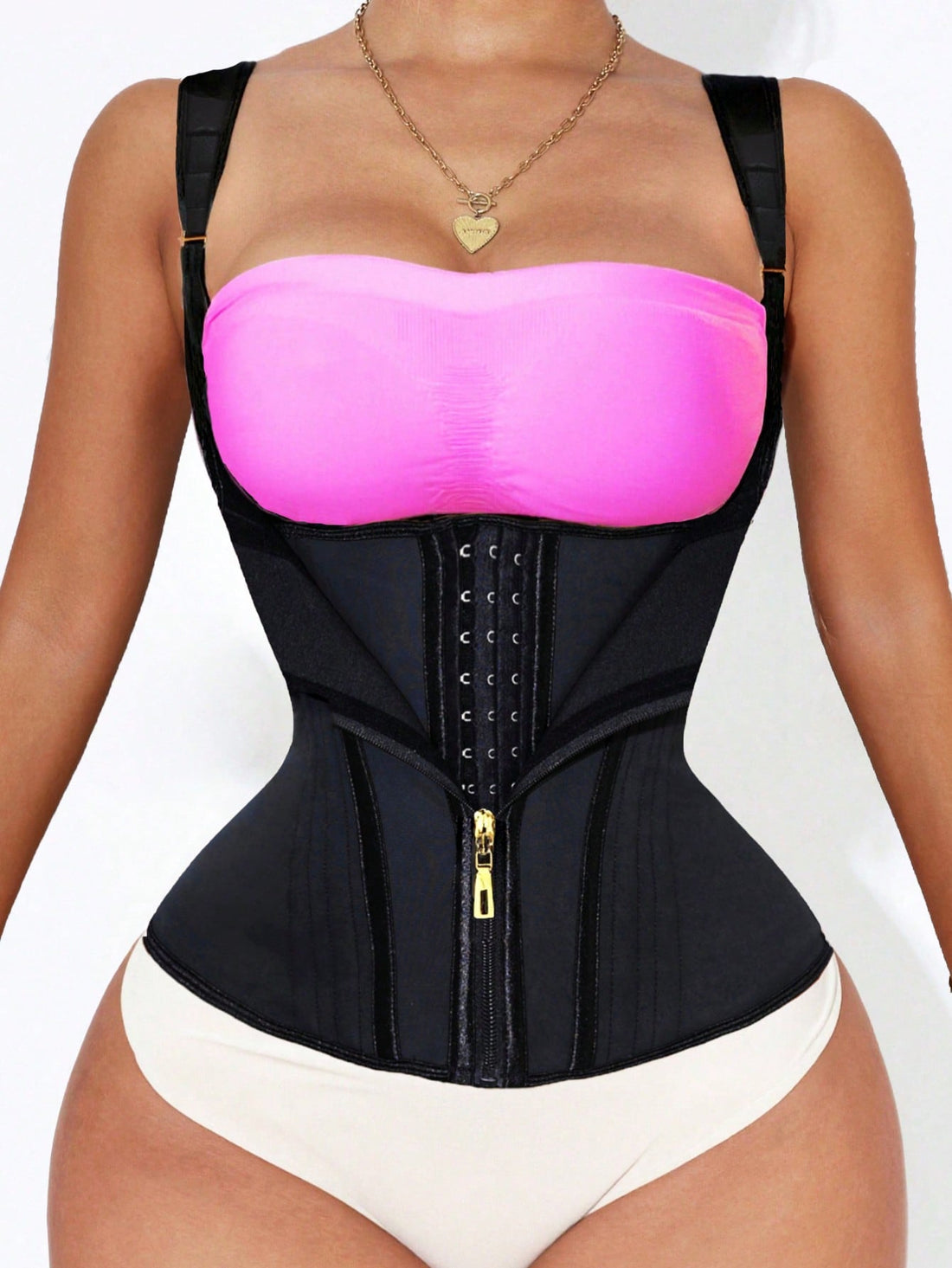Black 100% latex zipper waist trainer with double compression belts and steel boning for extra strong tummy and back support.