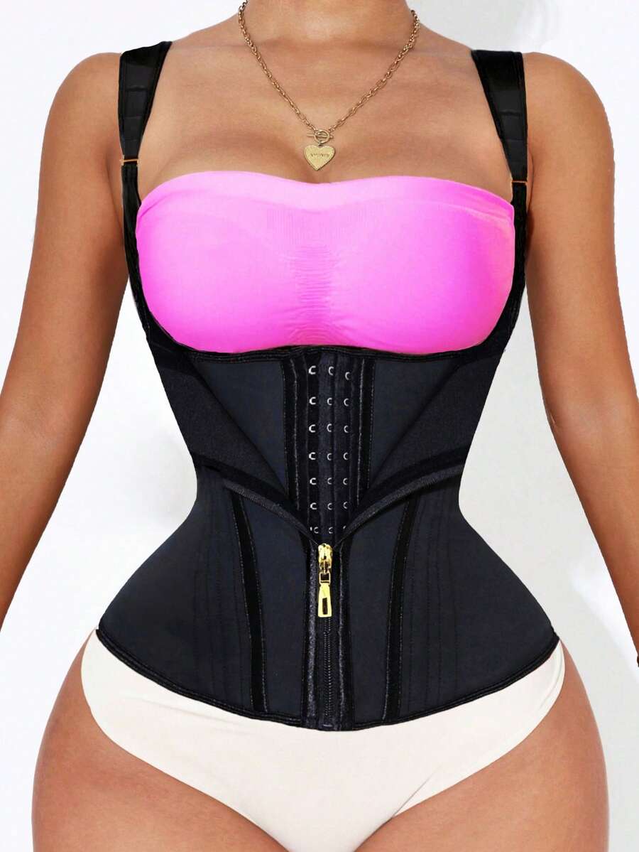 Black 100% latex zipper waist trainer with double compression belts and steel boning for extra strong tummy and back support.