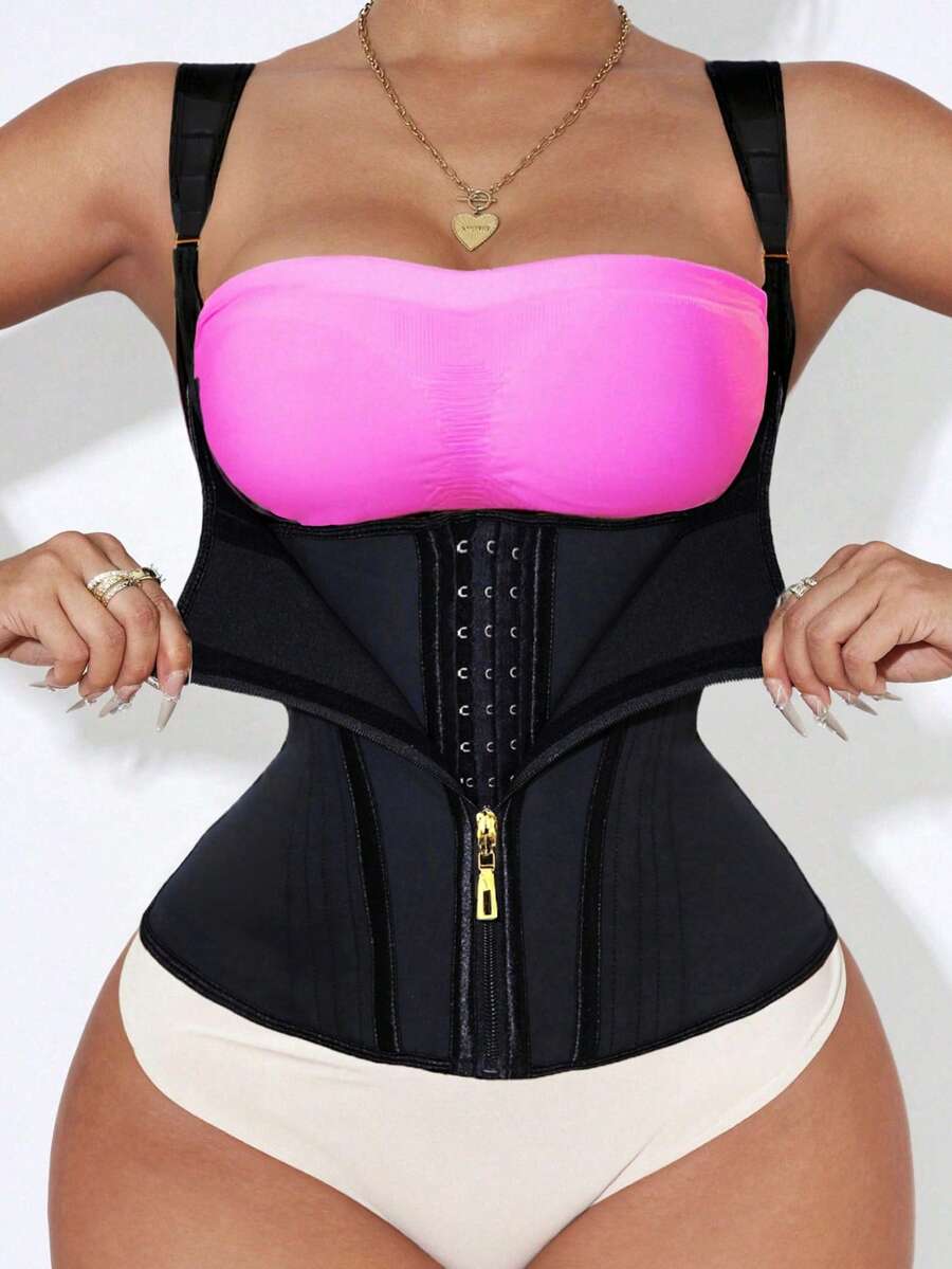 Black 100% latex zipper waist trainer with double compression belts and steel boning for extra strong tummy and back support.