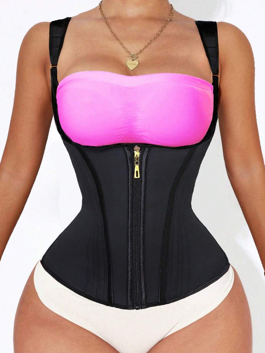 Black 100% latex zipper waist trainer with double compression belts and steel boning for extra strong tummy and back support.