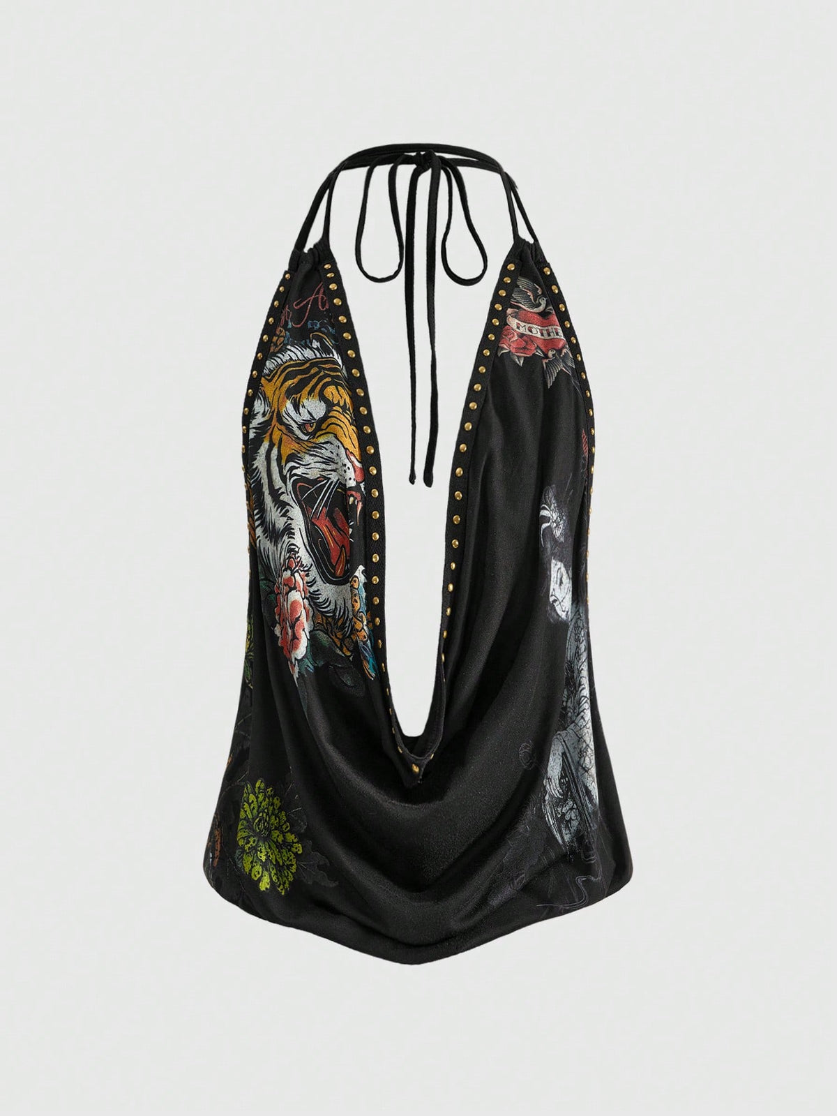 Women's black backless halter crop top featuring a V-neckline, tie-back detail, and asymmetrical hem.