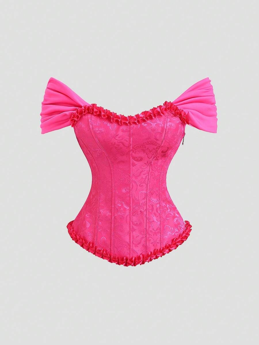 Women's apricot off-shoulder camisole top featuring asymmetrical frill trim and lace-up detail in a slim fit.