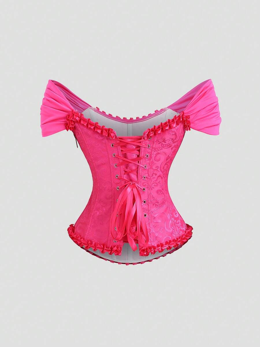 Women's apricot off-shoulder camisole top featuring asymmetrical frill trim and lace-up detail in a slim fit.