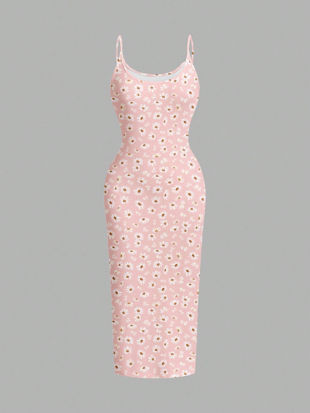 Women's minimalist floral daisy print bodycon cami dress with spaghetti straps, backless cut, high waist, and split thigh slit.