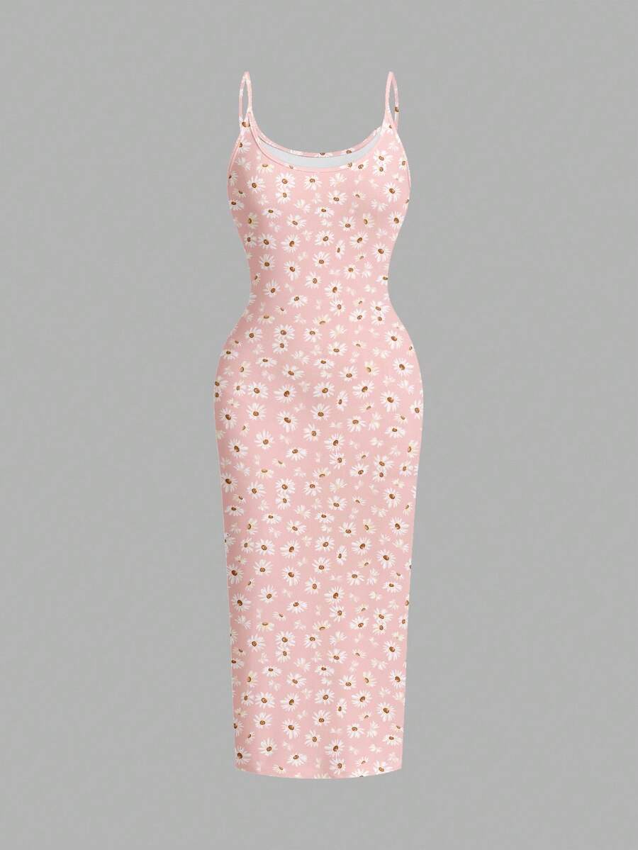 Women's minimalist floral daisy print bodycon cami dress with spaghetti straps, backless cut, high waist, and split thigh slit.