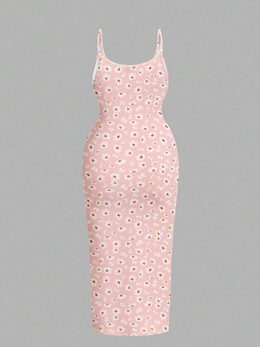 Women's minimalist floral daisy print bodycon cami dress with spaghetti straps, backless cut, high waist, and split thigh slit.