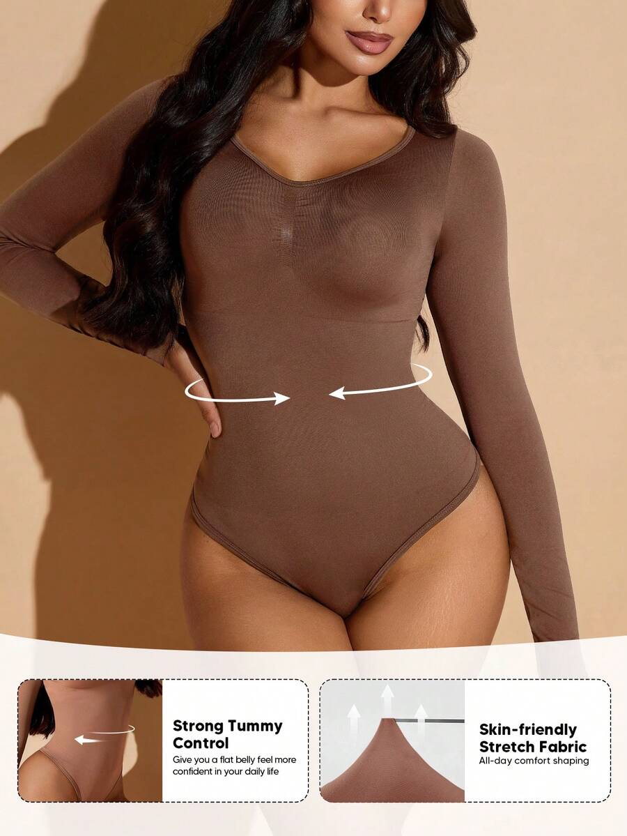 Women's long sleeve shapewear bodysuit featuring tummy control and waist training support