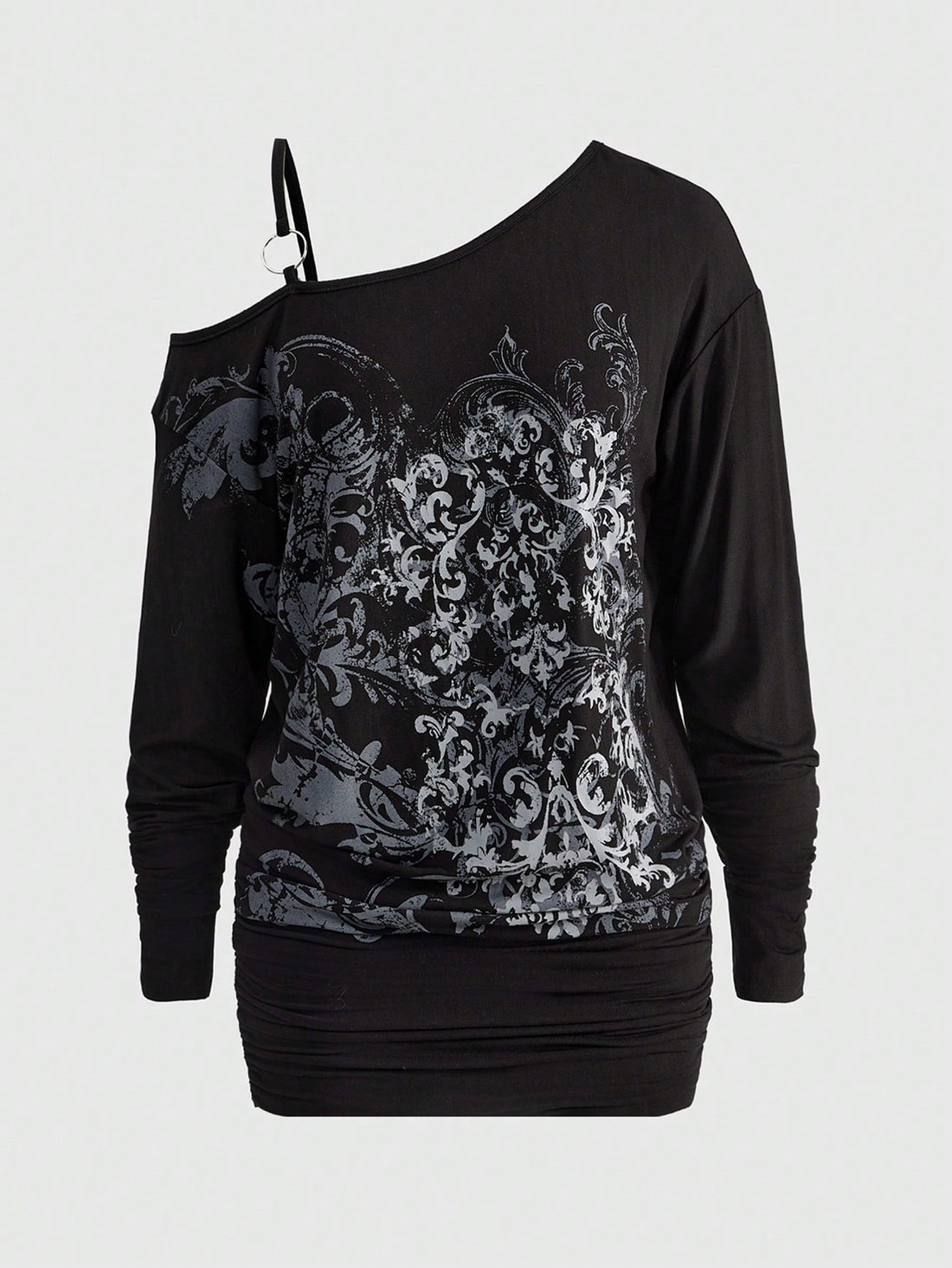 Women's black asymmetric ruched mini dress with drop shoulder long sleeves in high stretch knitted fabric.