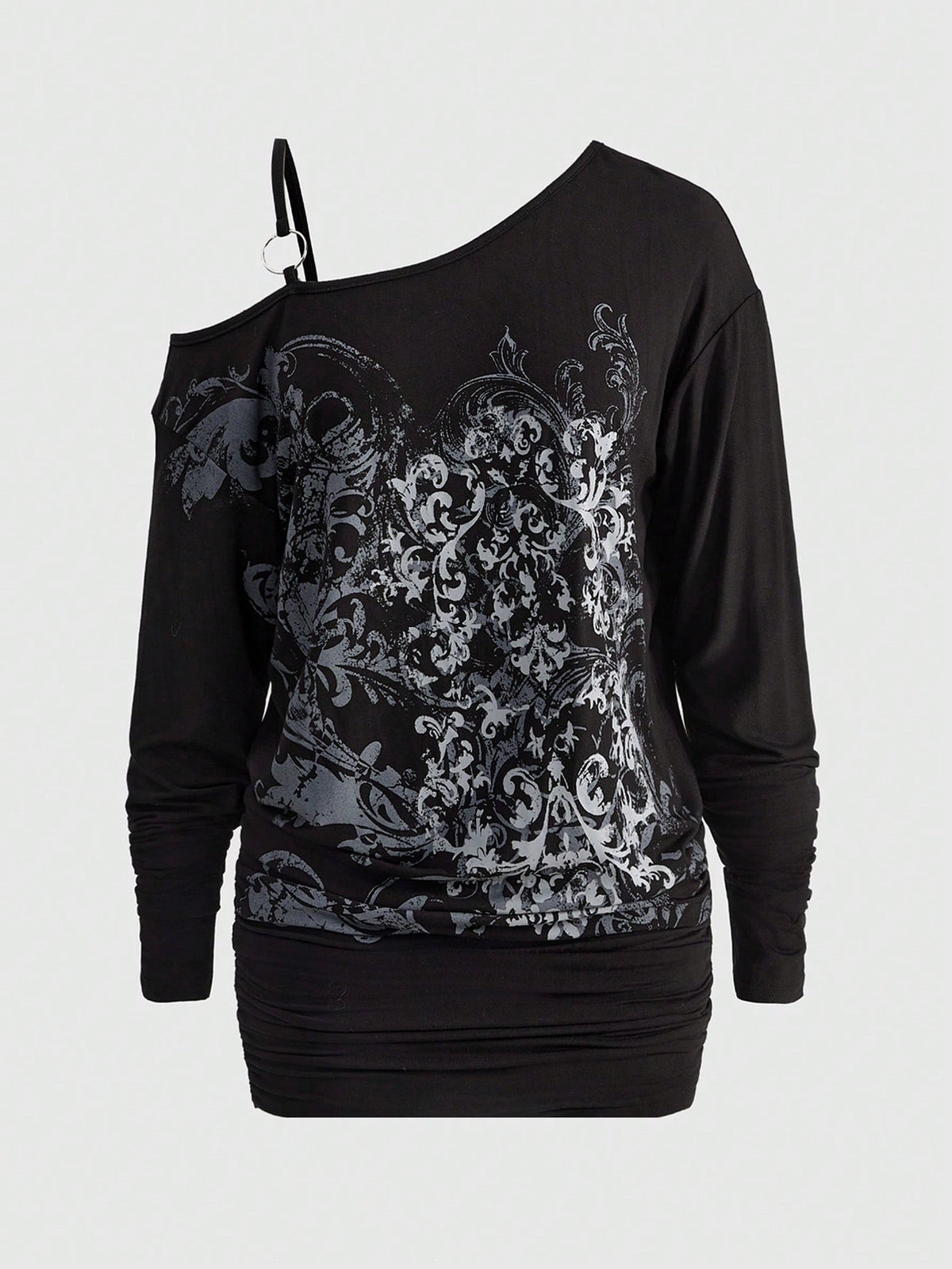Women's black asymmetric ruched mini dress with drop shoulder long sleeves in high stretch knitted fabric.