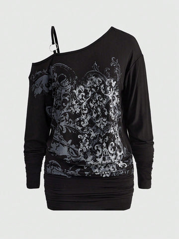 Women's black asymmetric ruched mini dress with drop shoulder long sleeves in high stretch knitted fabric.