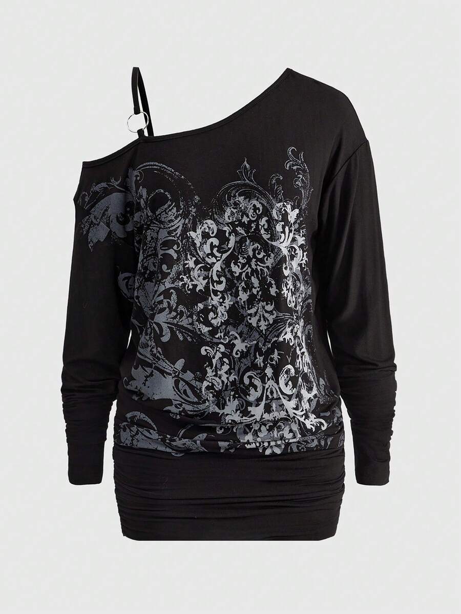 Women's black asymmetric ruched mini dress with drop shoulder long sleeves in high stretch knitted fabric.
