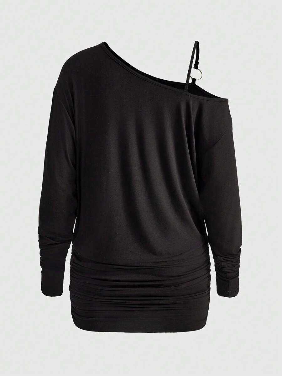 Women's black asymmetric ruched mini dress with drop shoulder long sleeves in high stretch knitted fabric.