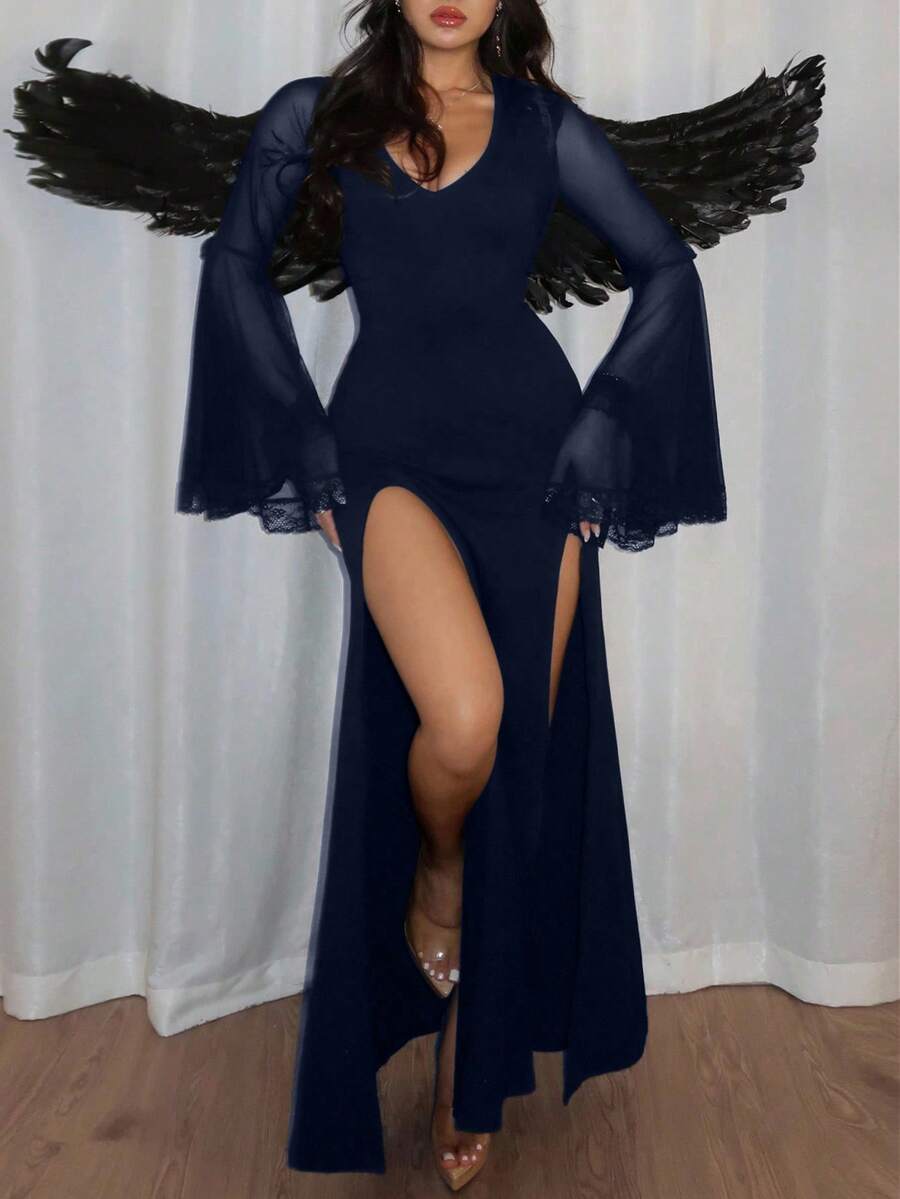 Women's slim-fit long goth dress in black featuring a deep V-neckline, extra-long flared sleeves, and a split thigh detail.